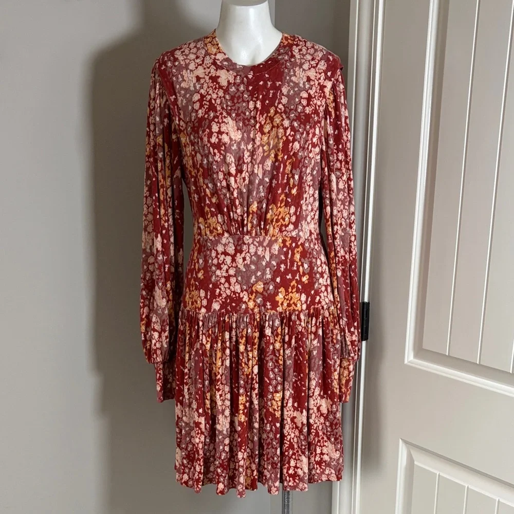 Free People Heartbeats Red Mini Dress Long Sleeve Rust Floral Mini Boho Sz M